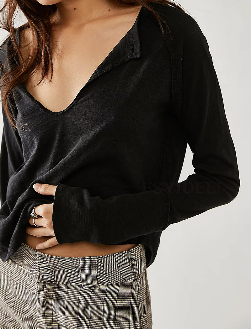 Solid U-Neck Long Sleeve Tee