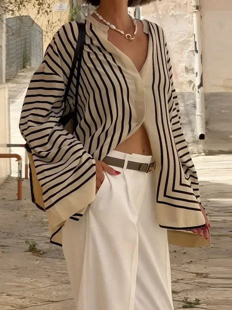 Striped Flared Sleeves Button-Up Blouse