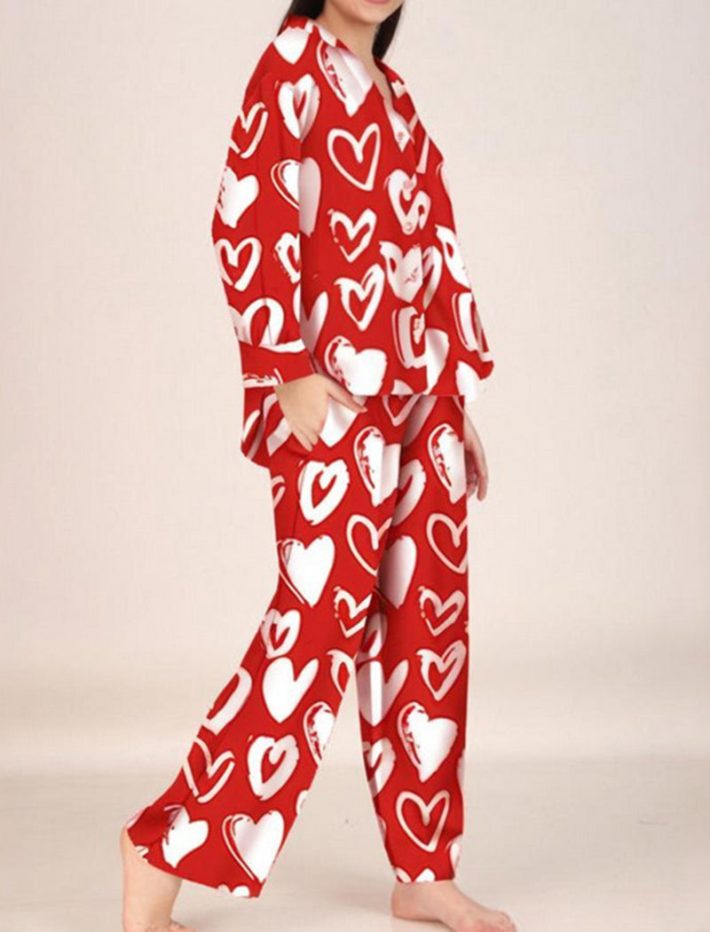 Heart Patterned Long-Sleeve Pajama Set