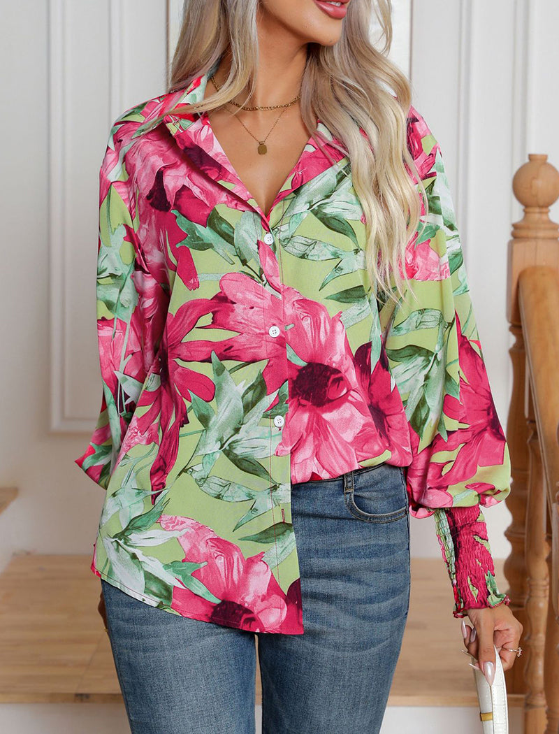 Floral Print Long Sleeve Button-Up Blouse