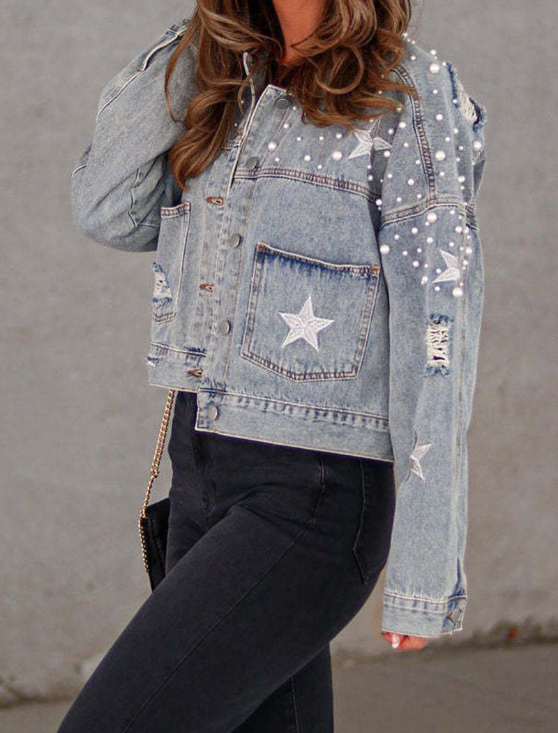 Faux Pearl Studded Denim Crop Jacket