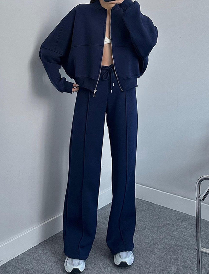 Zip-Up Jacket and Drawstring Wide-Leg Pants Set