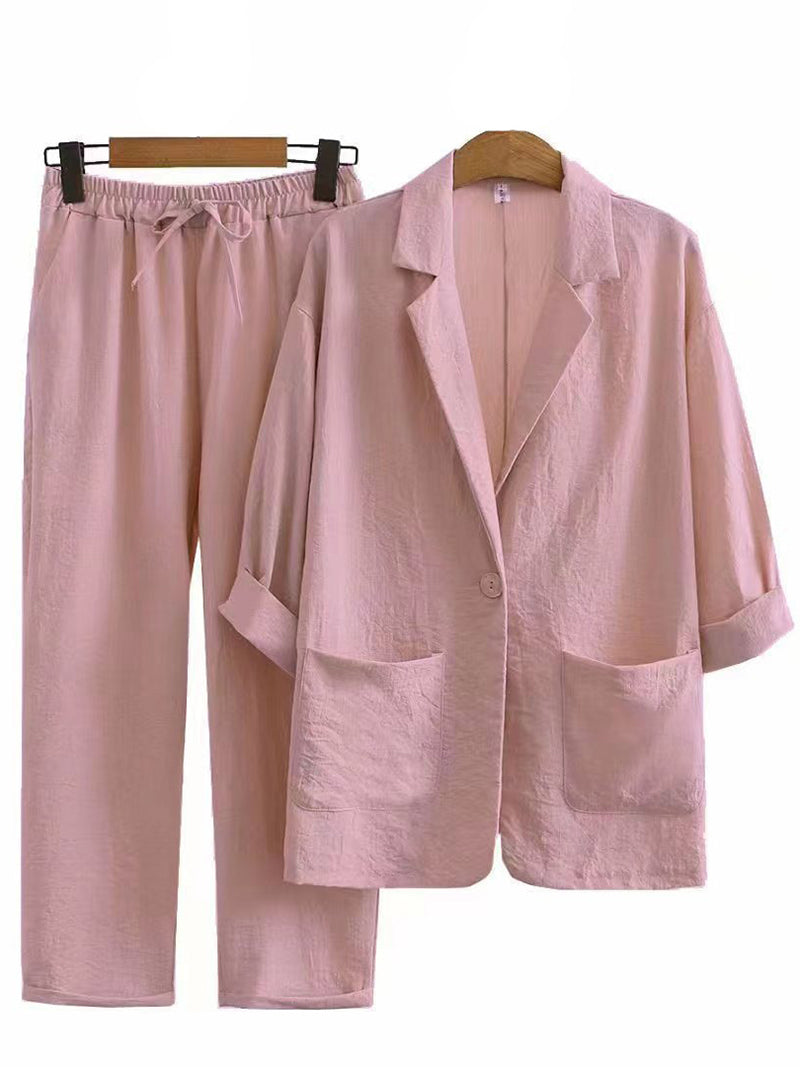Solid Blazer and Drawstring Pants Set