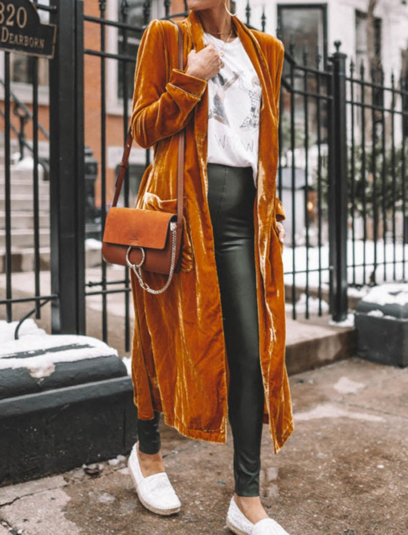 Loose-Fit Velvet Stretch Long Coat