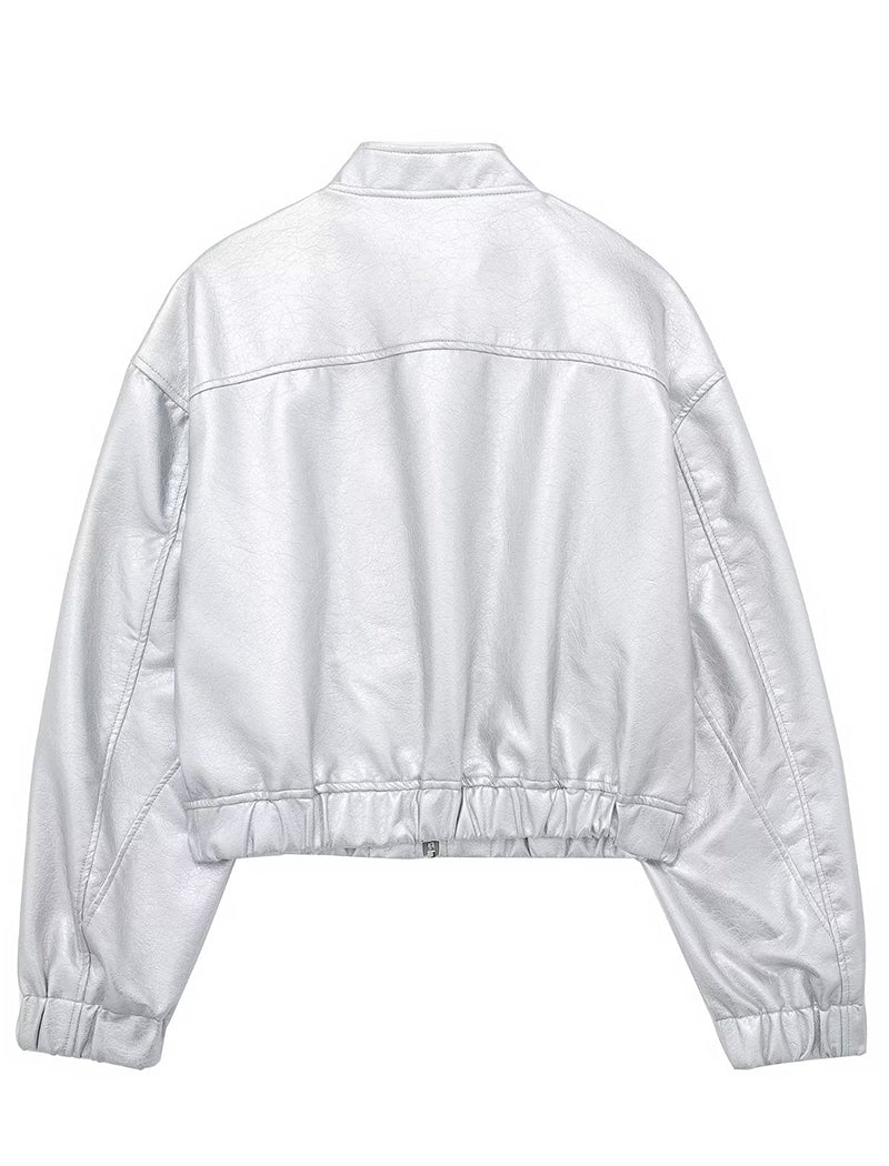 Metallic Zip-Up Cropped Bomber Jacket