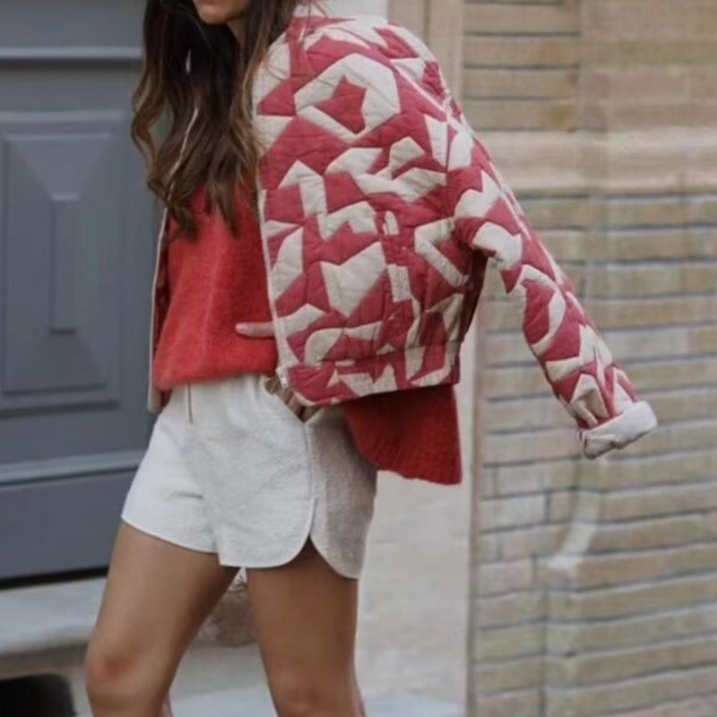 Printed Quilted Zip-Up Coat