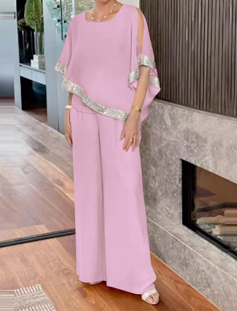 Sequin Color-Block Batwing Sweater and Wide-Leg Pants Set