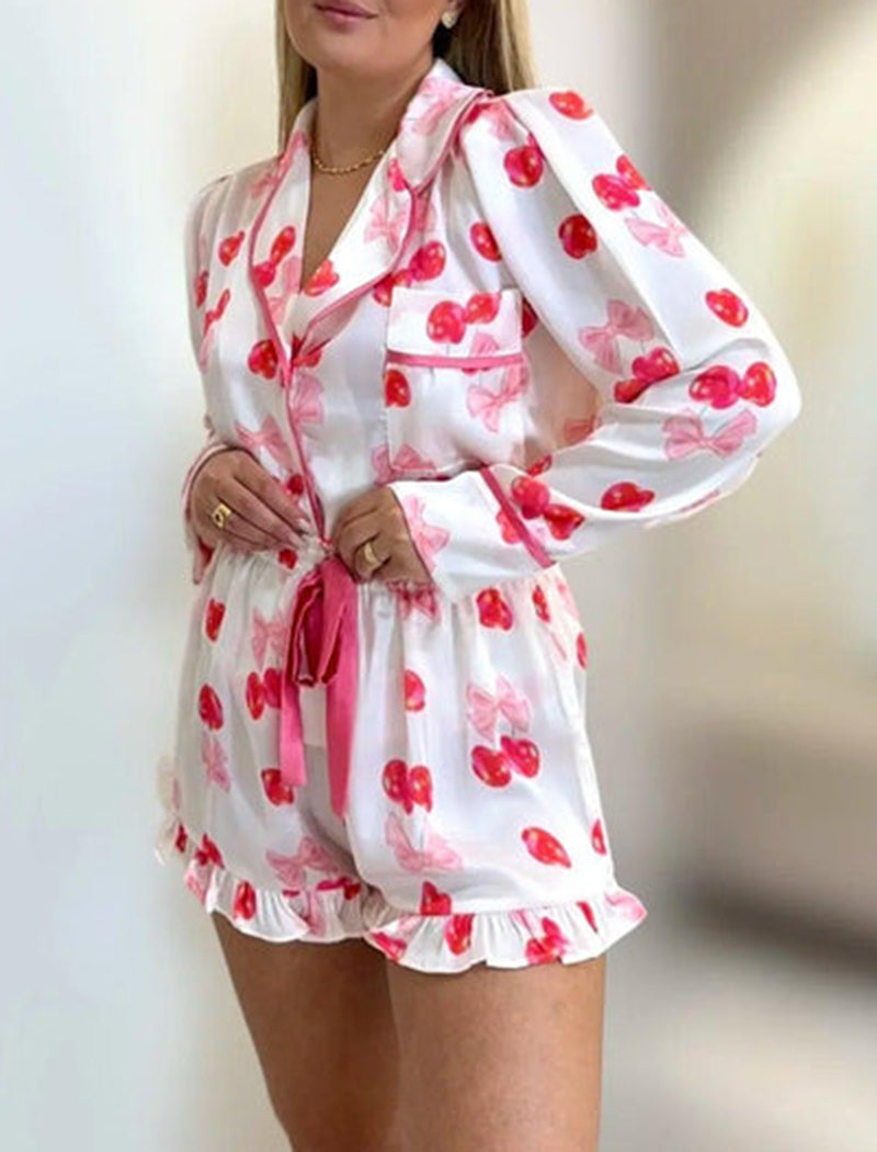 Heart Print Ruffle Short Pajama Set