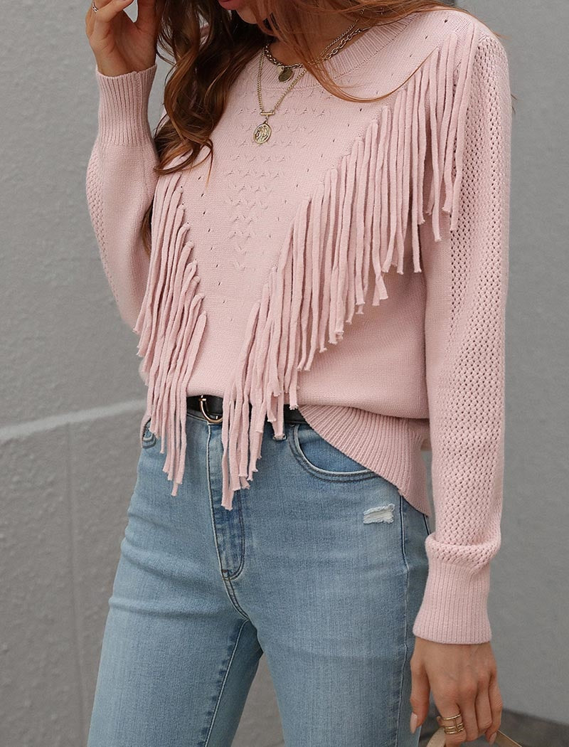 Fringe Accent Knit Crew Neck Sweater