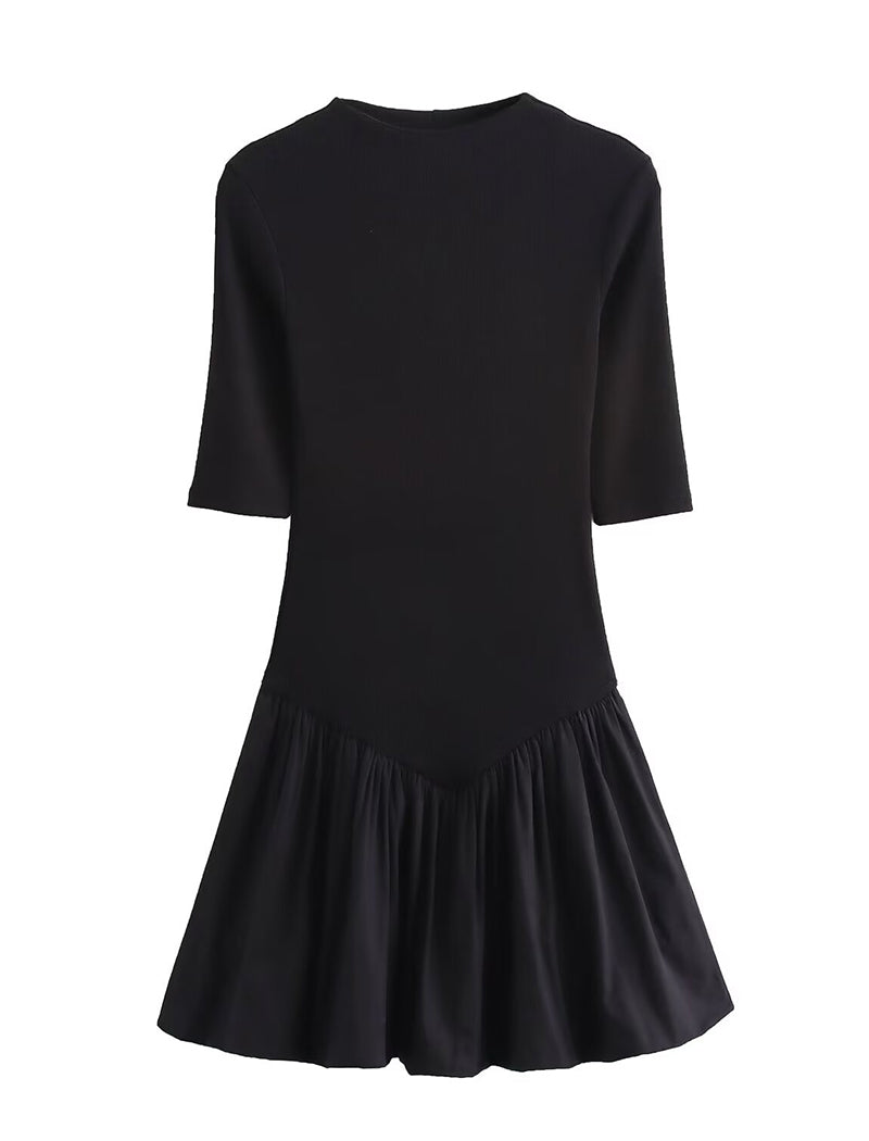 Patchwork Short Sleeve Stand Collar Mini Dress