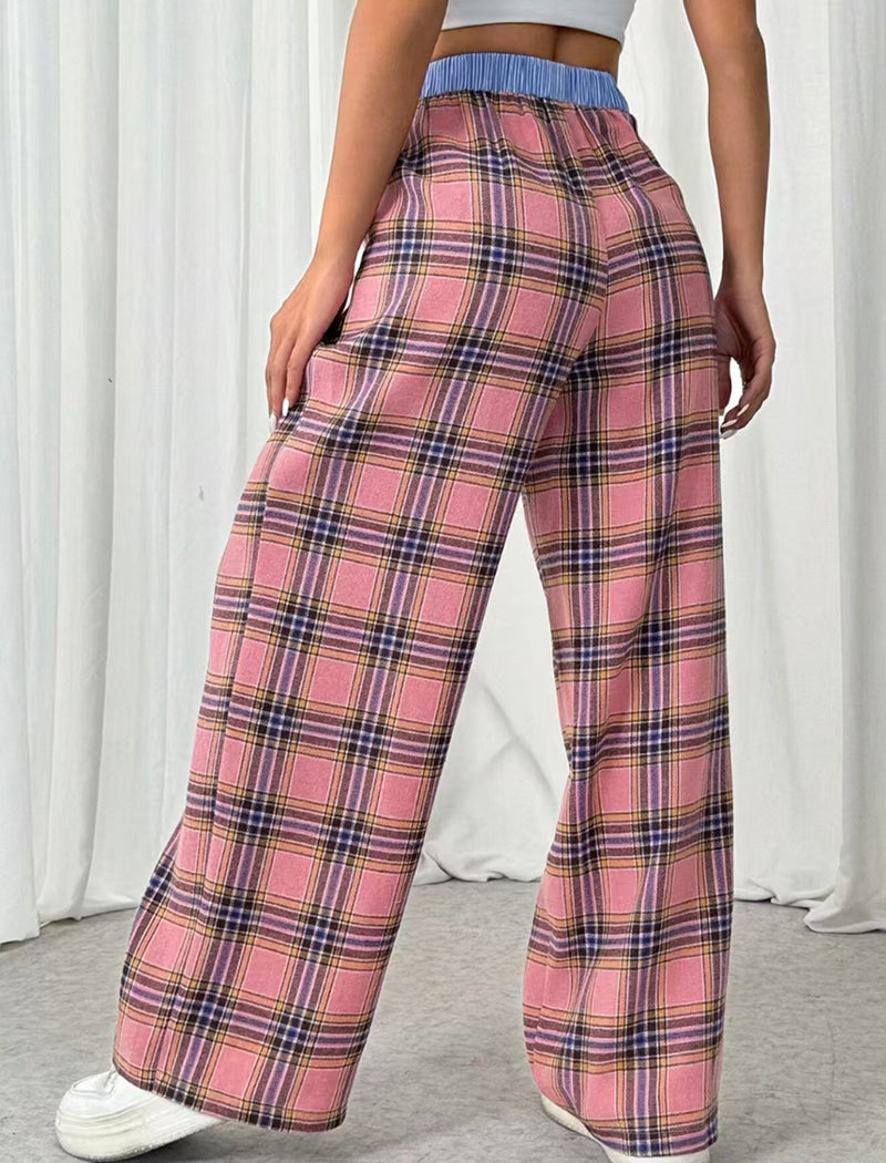 Plaid Color-Block Waistband Straight Leg Pants
