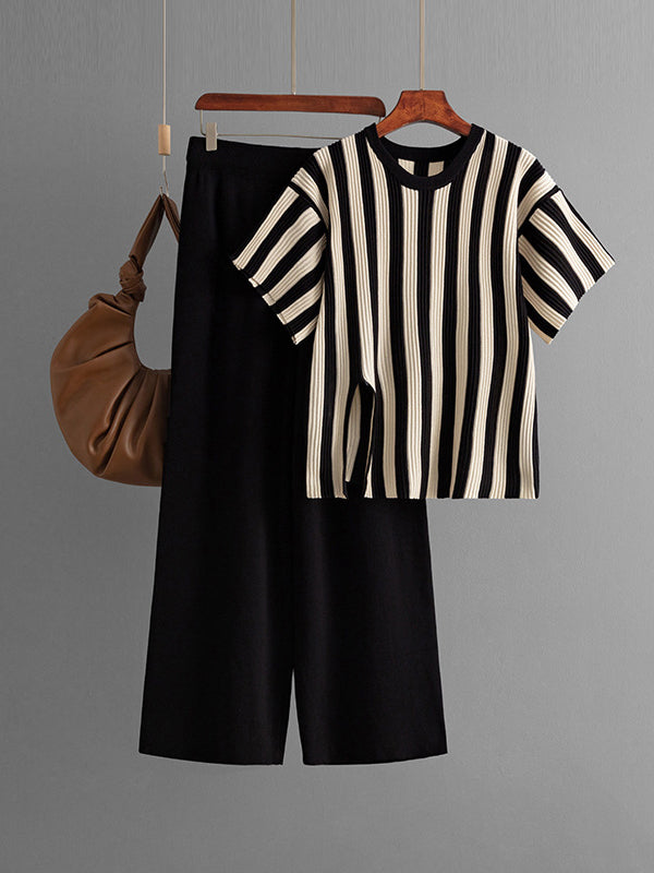 Striped Short-Sleeve Top & Wide-Leg Pants Set