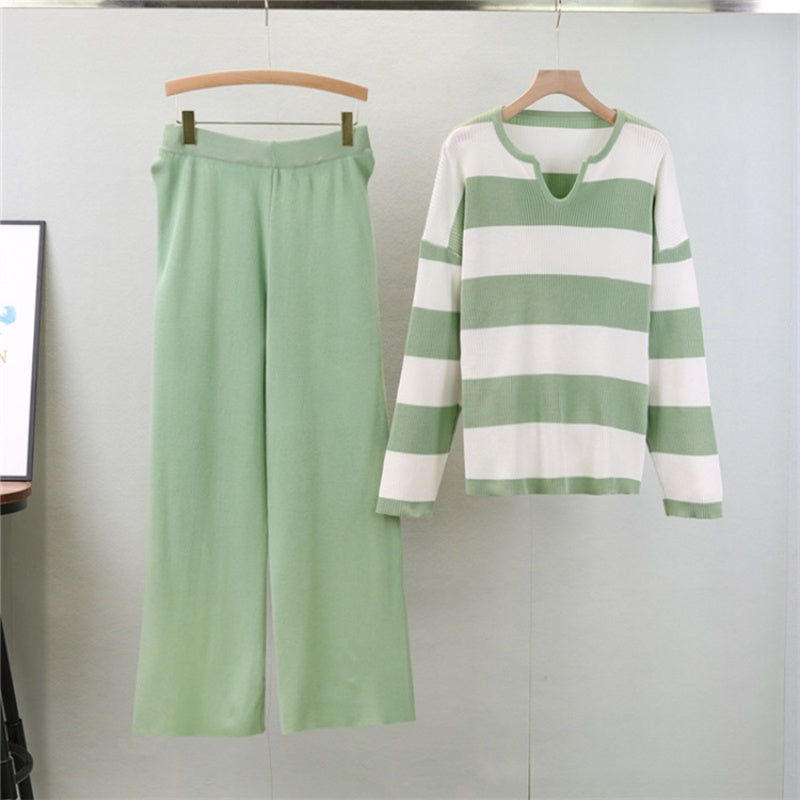 Striped Knit Sweater and Wide-Leg Pants Set