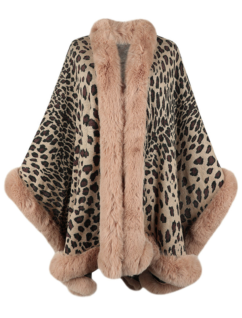 Leopard Print Faux Fur Trim Cape