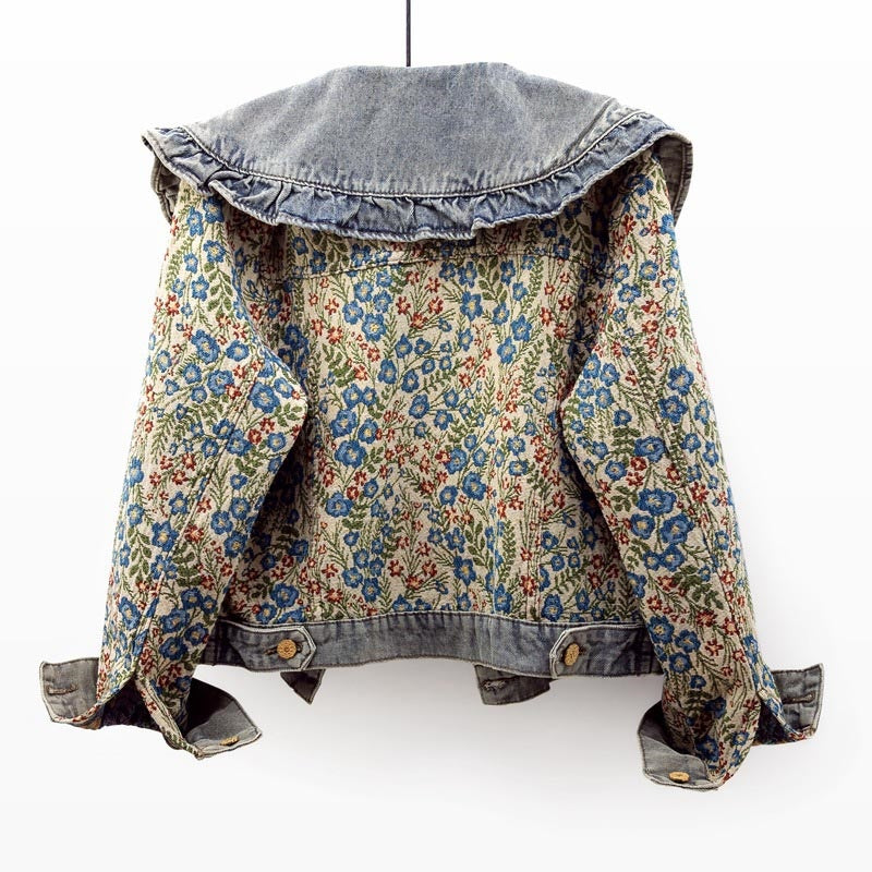 Floral Denim Jacket with Ruffle Collar