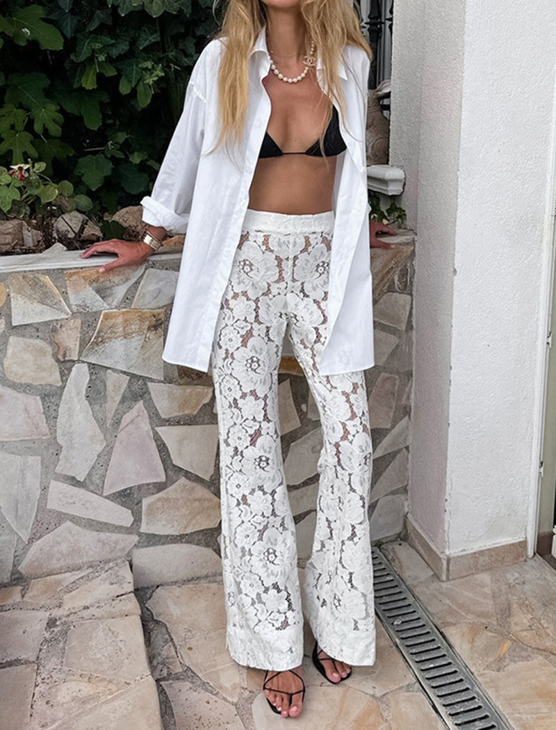 Sheer Floral Lace High-Waisted Pants