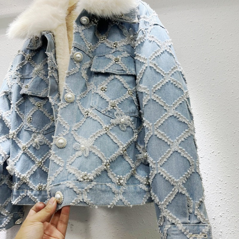 Embellished Denim Jacket with Faux Fur