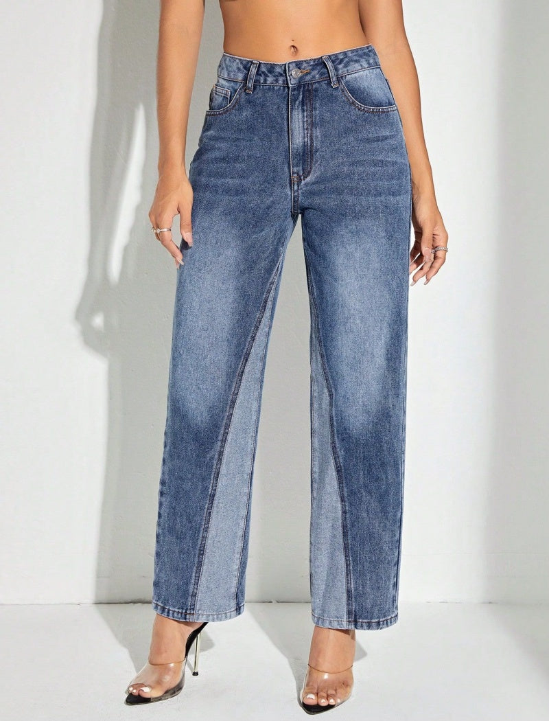 Colorblock Denim Straight-Leg Jeans