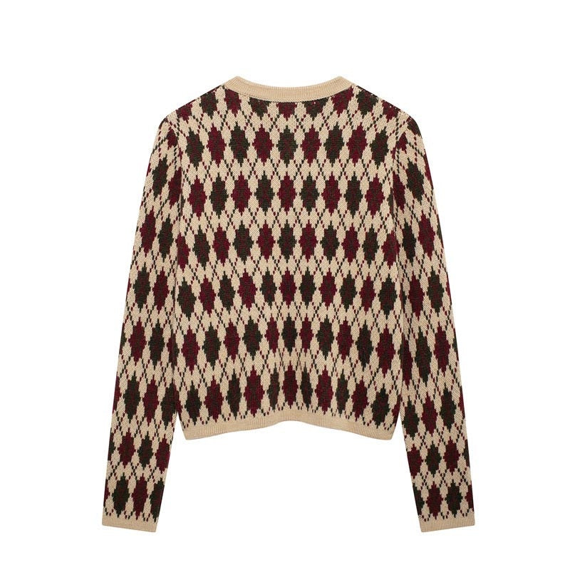 Button-Up Knit Cardigan with Diamond Pattern