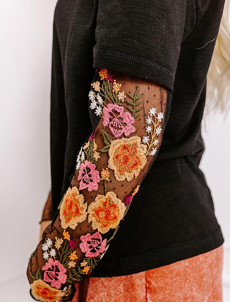 Oversized Tee with Sheer Lace Sleeves