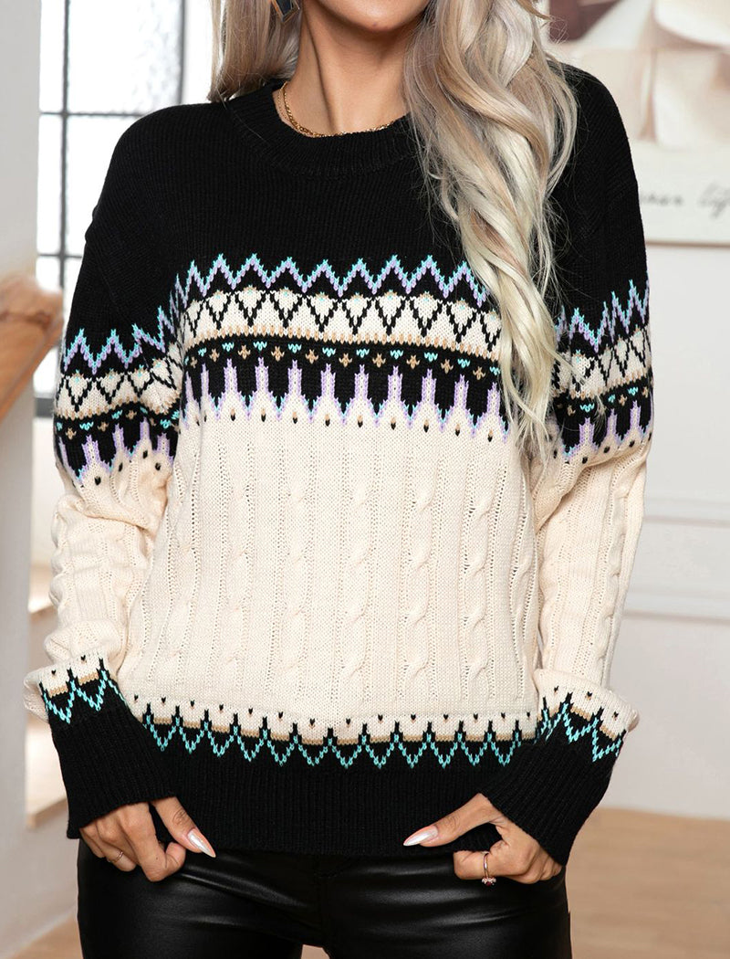 Jacquard Cable Knit Retro Long Sleeve Sweater