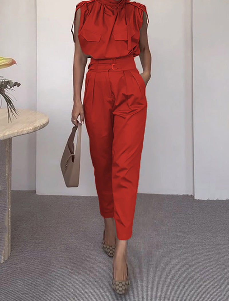 Sleeveless Belted Jumpsuit with Pockets