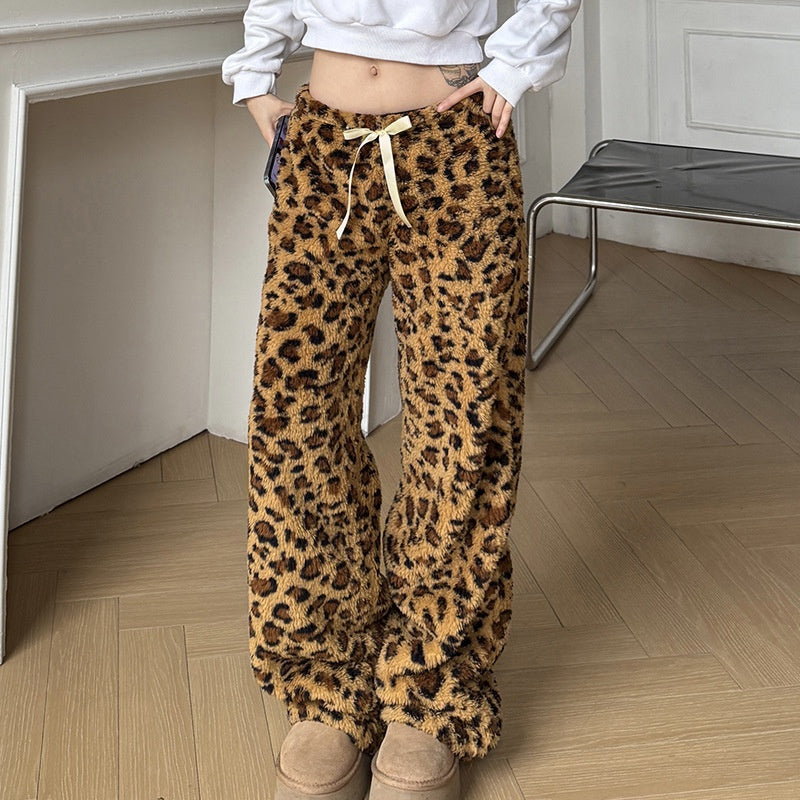 Leopard Print Tie-Waist Fuzzy Pants