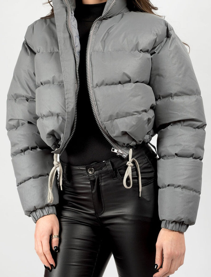 Cropped Puffer Jacket with Stand Collar