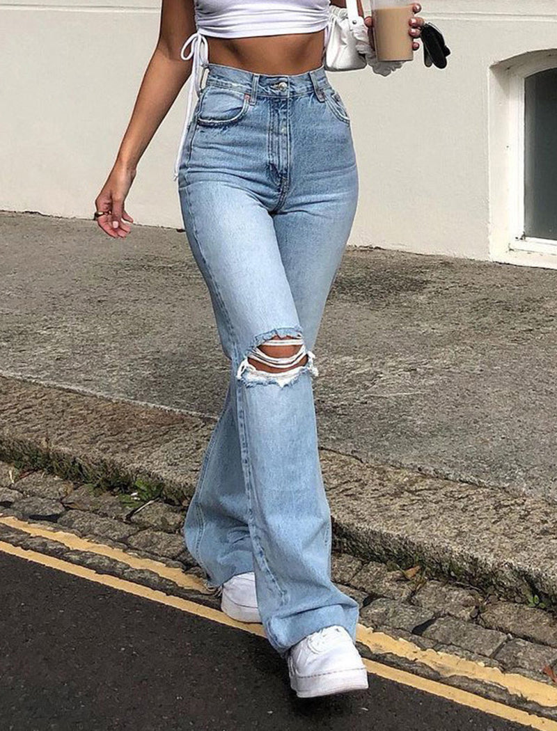 Distressed Wide-Leg Flared Denim Pants