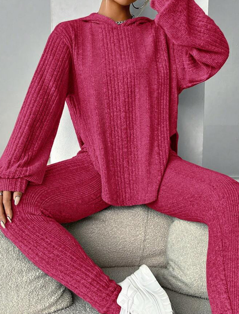 Solid Ribbed Loose Hooded Pants Set
