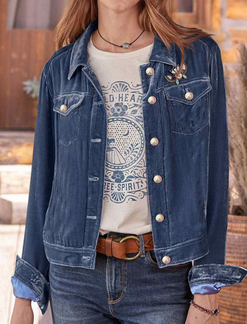 Button-Up Velvet Jacket with Chest Pockets