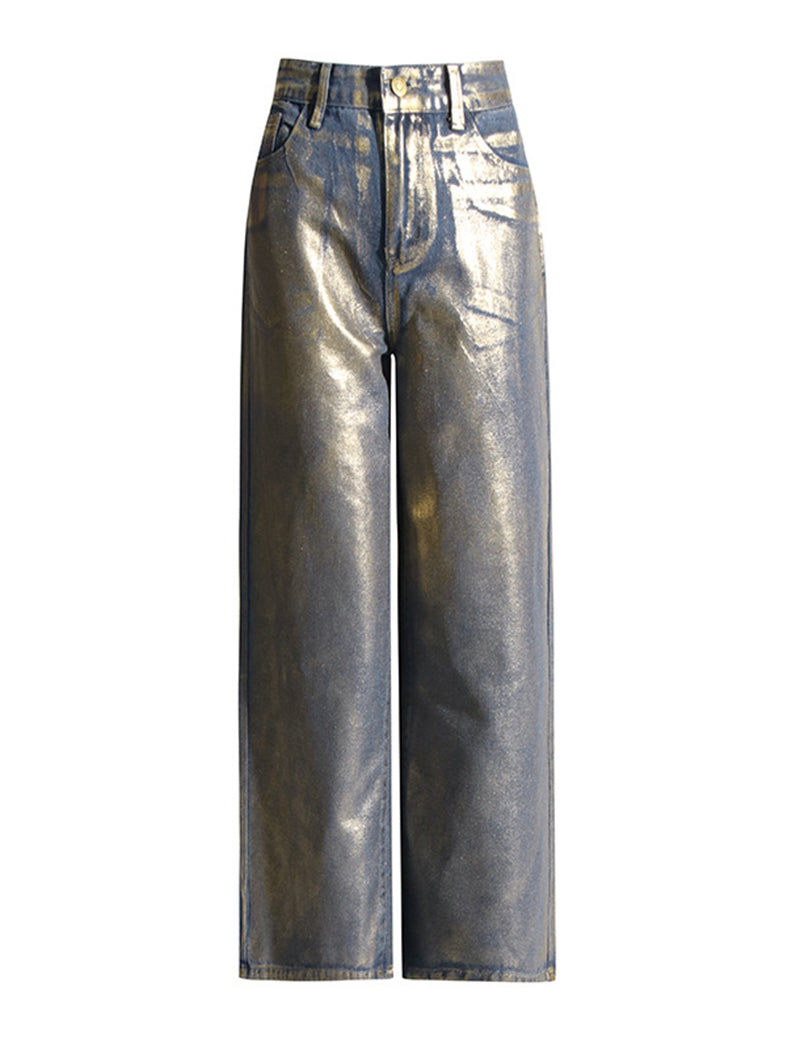 Metallic Wide-Leg High-Waist Pants