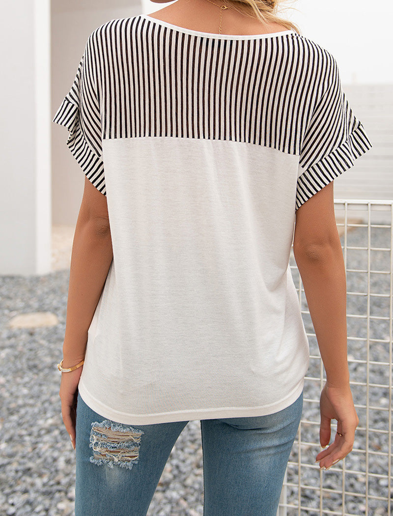 Striped Trim V-Neck Loose Fit Top
