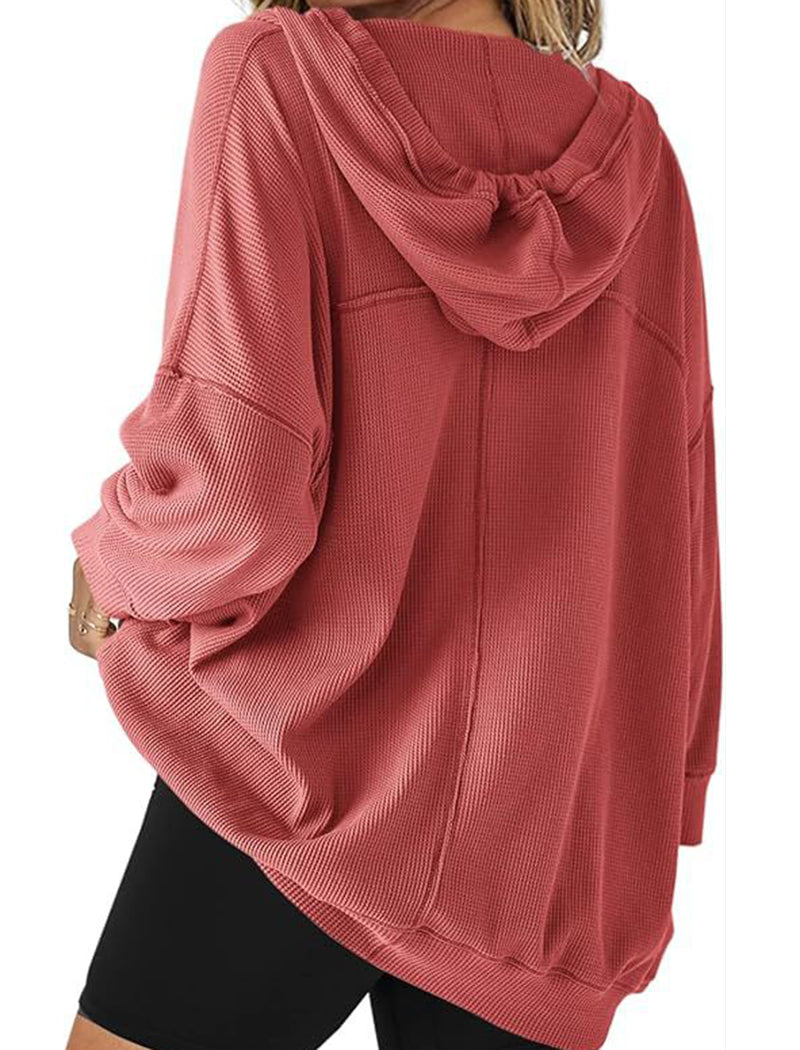 V-Neck Waffle Knit Solid Long Sleeve Hoodie