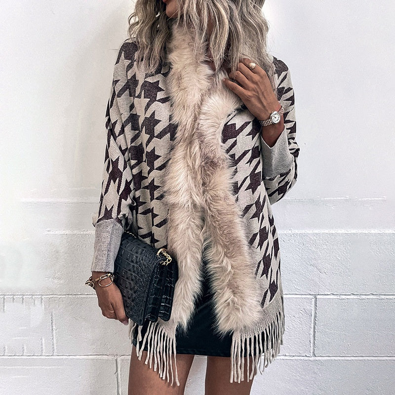 Colorblock Houndstooth Fur Collar Shawl Coat