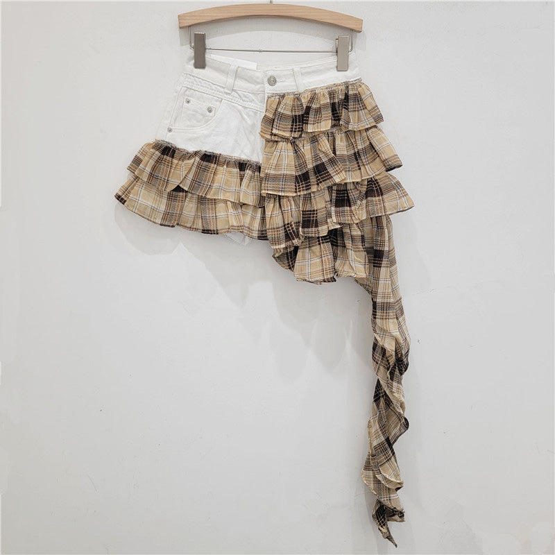 Asymmetrical Denim & Animal Print Ruffle Skirt