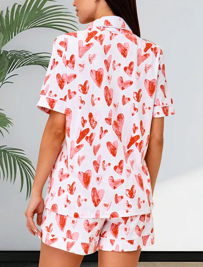 Button-Up Heart Print Short Pajama Set