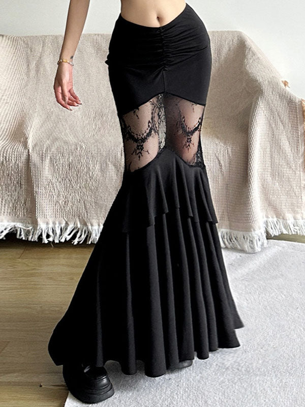 Flare Ruffle Lace Maxi Skirt