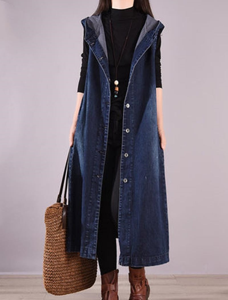 Sleeveless Button-Up Long Denim Vest