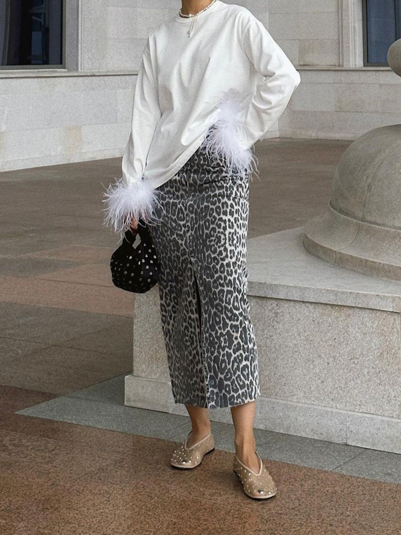 Leopard High-Waisted Split-Hem Midi Skirt