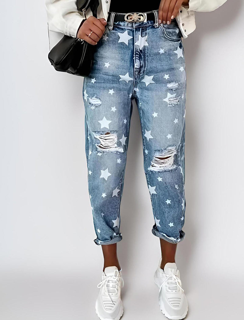 Star Print Distressed Boyfriend Jeans