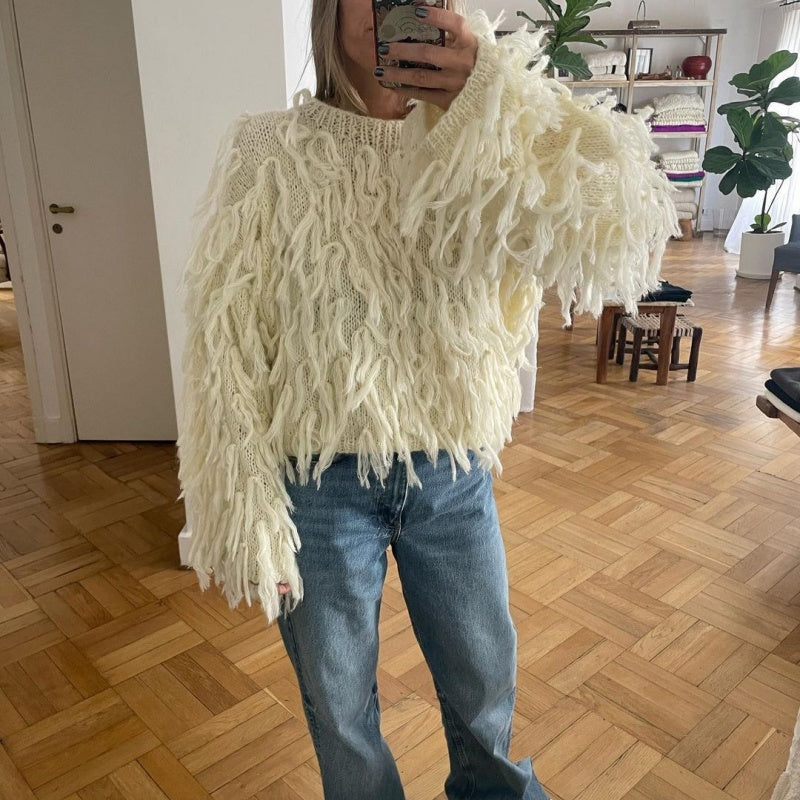 Textured Fringe Knit Sweater with Relaxed Fit