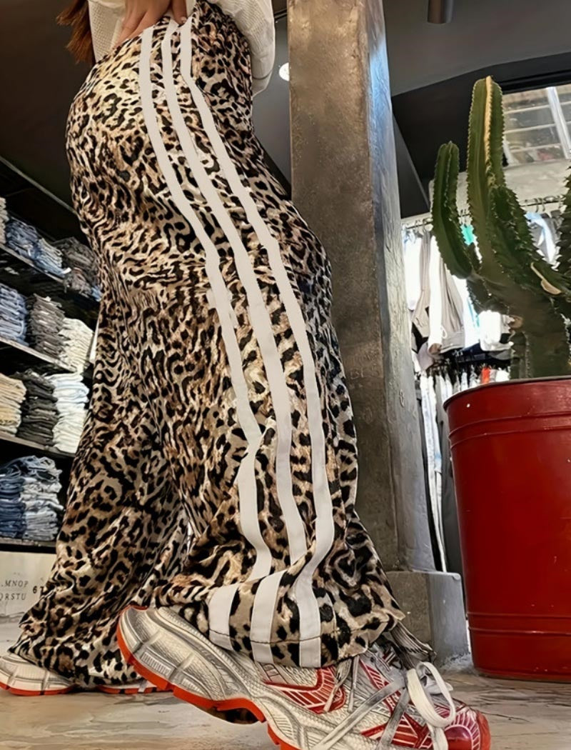Wide-Leg Leopard Print Pants with Stripes