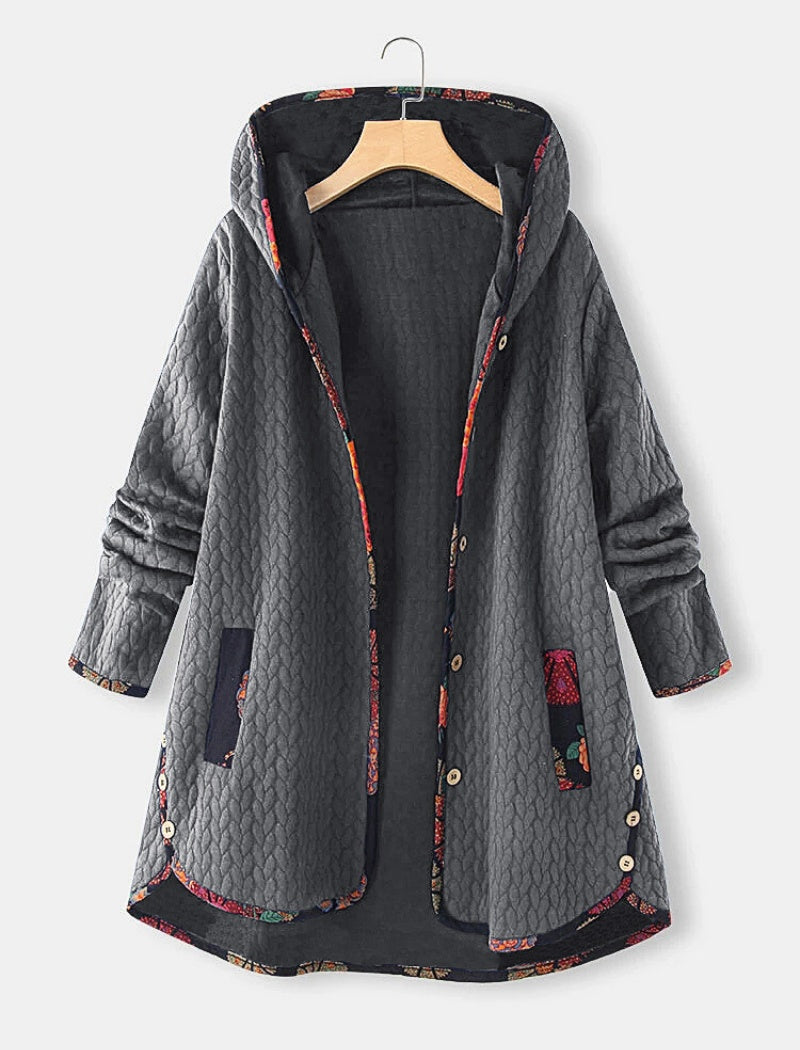 Quilted Hooded Long Jacket with Printed Lining