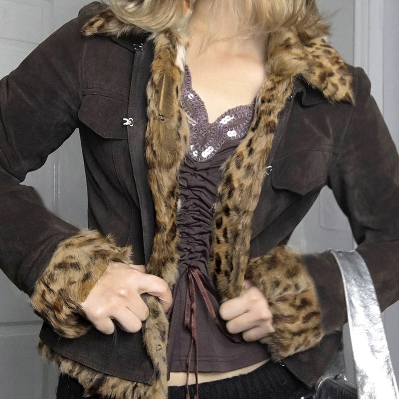Leopard Fur Panel Collared Two-Tone Jacket