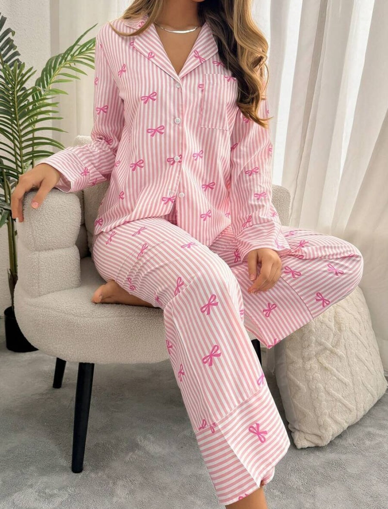 Striped Pajama Set with Bow Prints