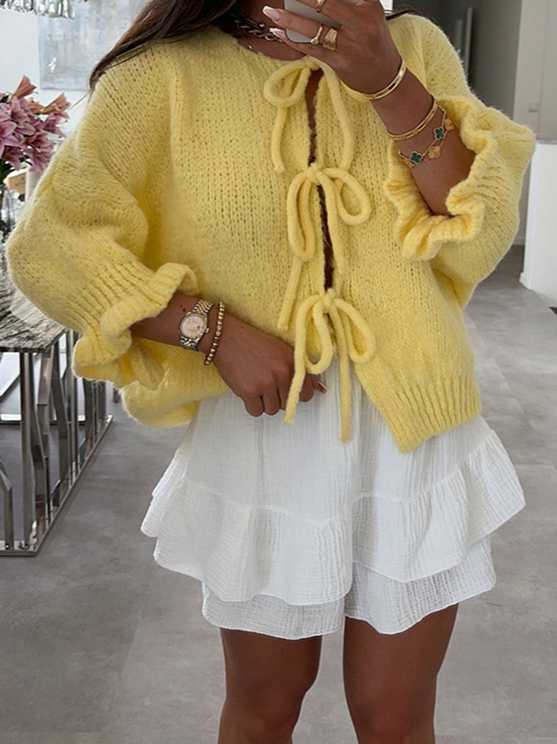 Tie-Front Ruffle Sleeve Sweater