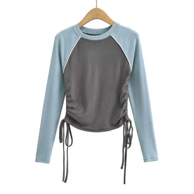 Colorblock Drawstring Long Sleeve Top