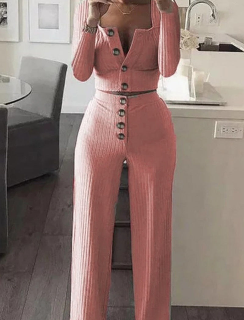 Button-Front Ribbed Two-Piece Set