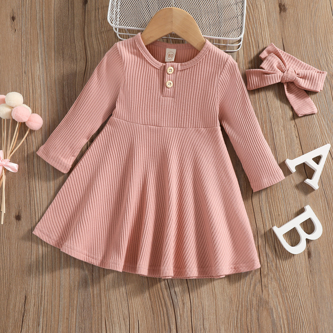 Button-Front Ribbed Long-Sleeve Midi Dress (Kids)